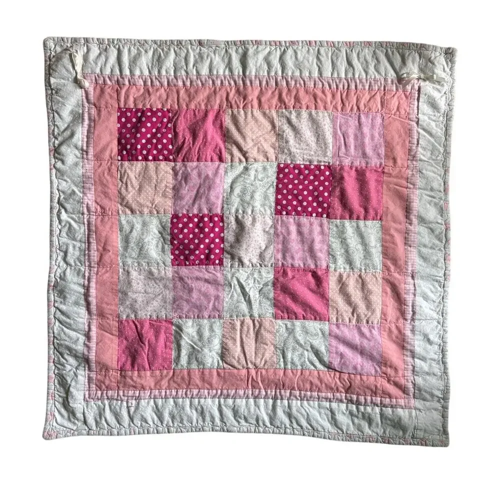 Pink White Baby Quilt 37x37 Handmade Patchwork Crib Quilt